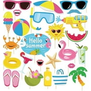 25Pcs Pool Photo Booth Props with Stick, Beach Summer Pool Party Decorations, Hawaiian Party Decorations Funny Selfie Photo Booth Props for Summer Hawaii Party Birthday